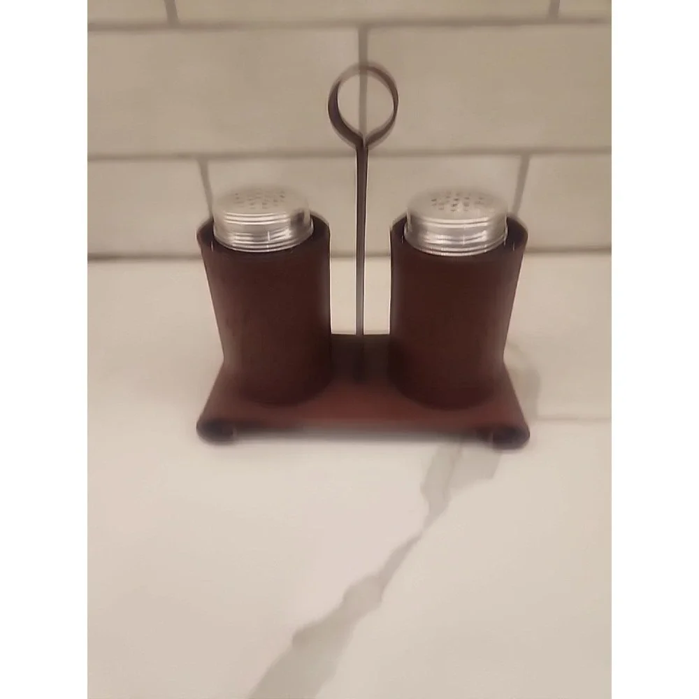 Primitive Rustic Star Farmhouse Salt and Pepper Shaker Holder Set Punched Tin